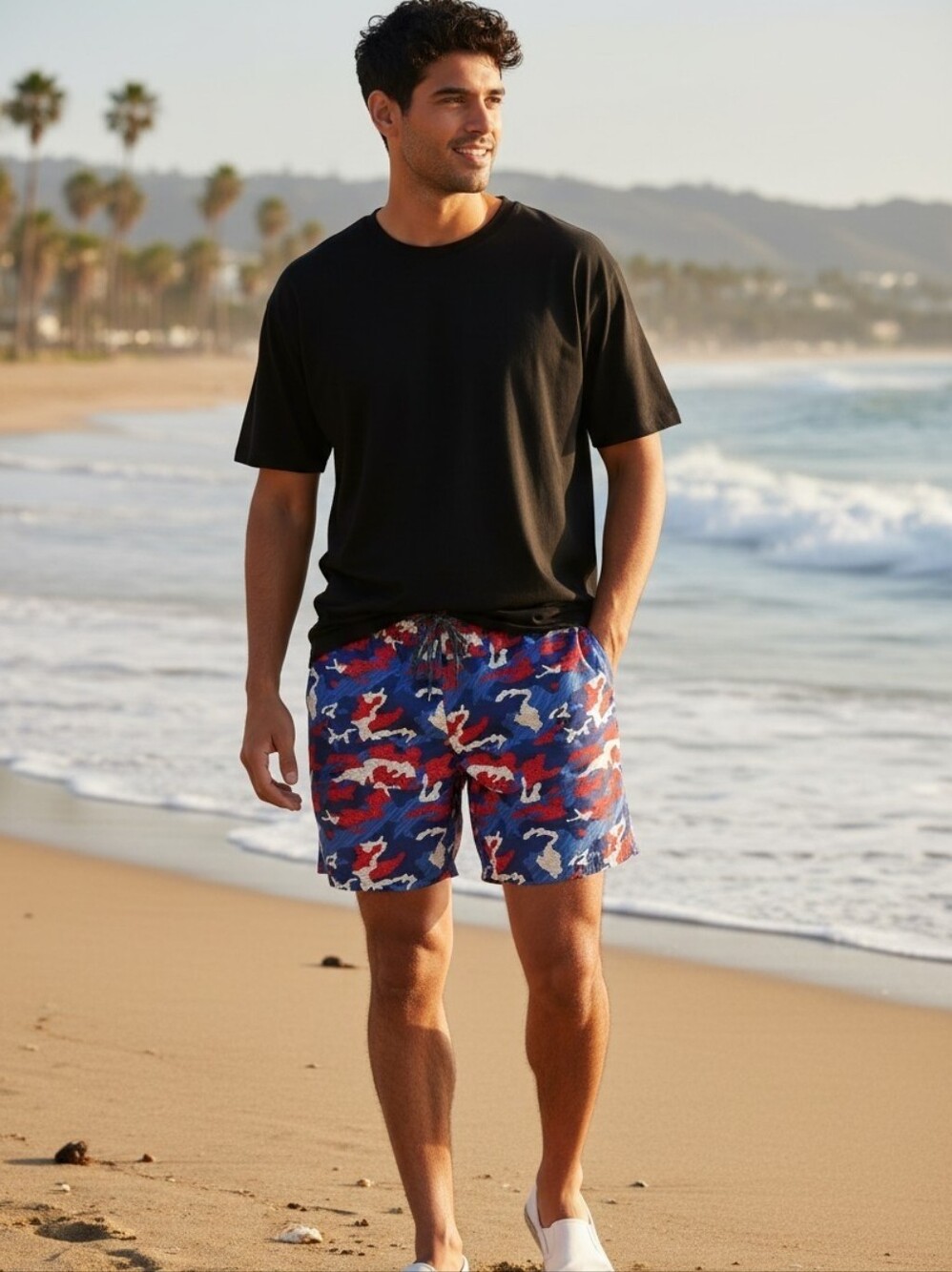 Nike Men's Large Red Blue Americana Camo Volley Lined Swim Trunks Surf Beach